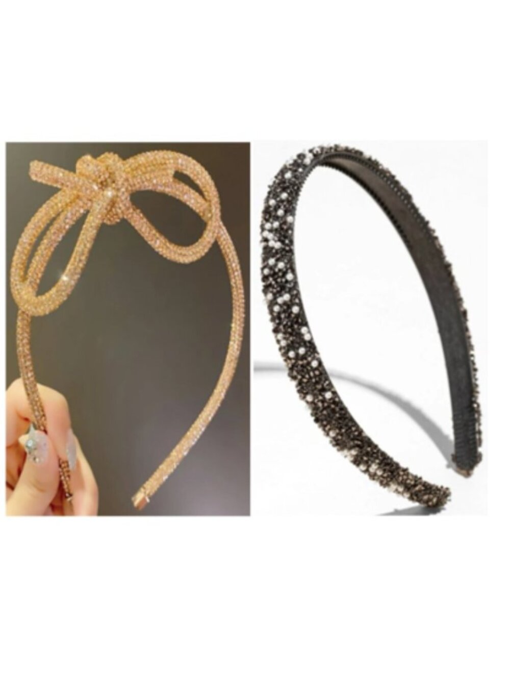 Set of 2: Sparkly Headbands Gold Bow & Black Pearls - NEW